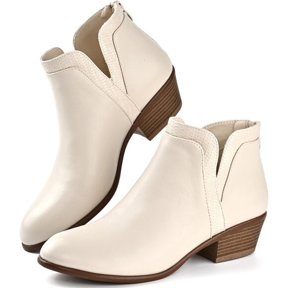 Women's Dark White Faux Leather Chunky Low Heel Zipper Dressy Booties